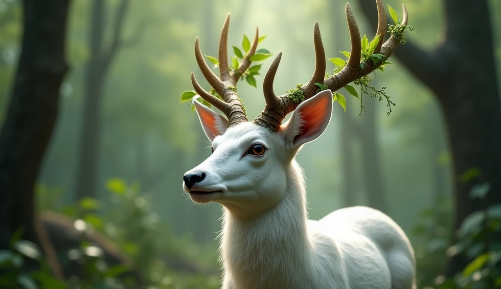 enchanting a pearl white buck with small horns and the horns are adorned with large leaves and vines in a enchanted forest background 32K UHD