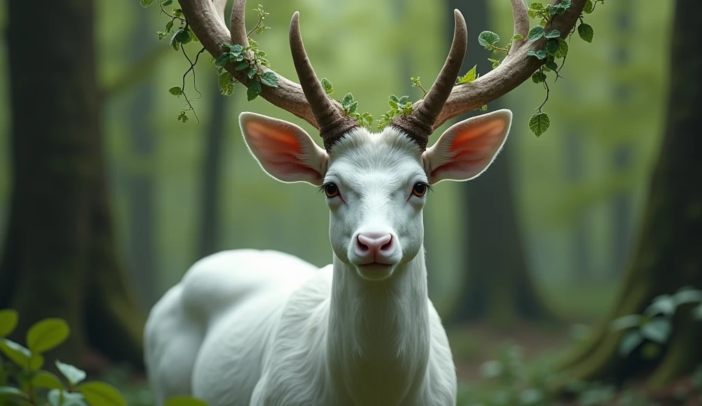 enchanting a pearl white buck with small horns and the horns are adorned with large leaves and vines in a enchanted forest background 32K UHD