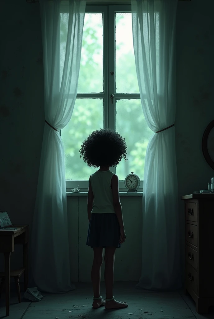 Make an image of a tall, thin girl looking at the window with the curtain open and a very dim light in the scene. There may be a stopped clock or a broken mirror. The girl has short, curly hair and is black, 7 years old.