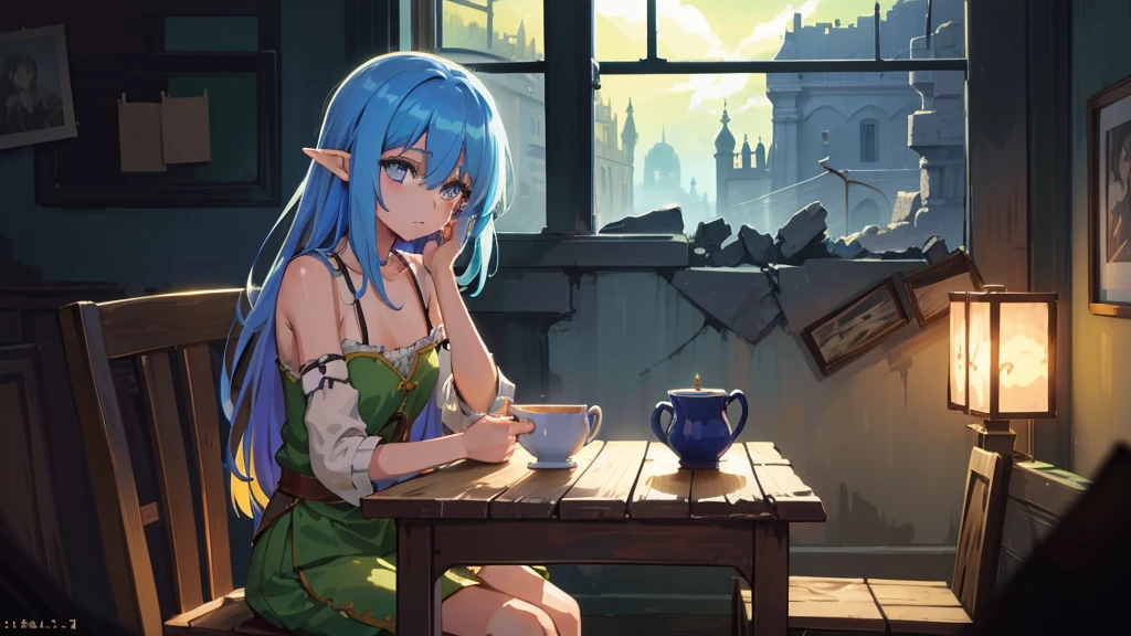 Create an anime and light novel style image of a grand, dilapidated castle room with a worn wooden table in the center. Seated at the table are Aslan, a young male elf with white hair partially covering her eyes and a {slender physique}, and Elizabeth, a tall and {strong half-elf girl} with vibrant blue hair. They are sharing a simple, improvised cake, adding a touch of warmth to the scene. The room, though in ruins, exudes a serene and melancholic atmosphere. Broken windows allow a gentle breeze to flow through, with soft light filtering in, casting a subtle glow that creates a fleeting moment of peace and hope amidst the ruins. Both characters should be dressed in fantasy era attire that complements their features and adds to the overall magical ambiance., 