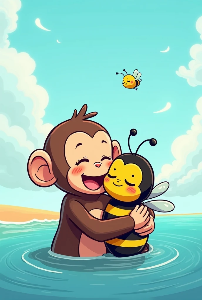 **Prompt :**  
Create a comic-style image featuring a cute monkey and an adorable bee enjoying a bath together in the sea. The monkey, partially submerged in the water, is embracing the bee with one arm, and both characters are sharing a complex yet joyful gaze, laughing together. The scene is warm and inviting, with a bright blue sky above. In the sky, a small yellow bird watches them with tenderness, adding to the overall cheerful and heartwarming atmosphere.