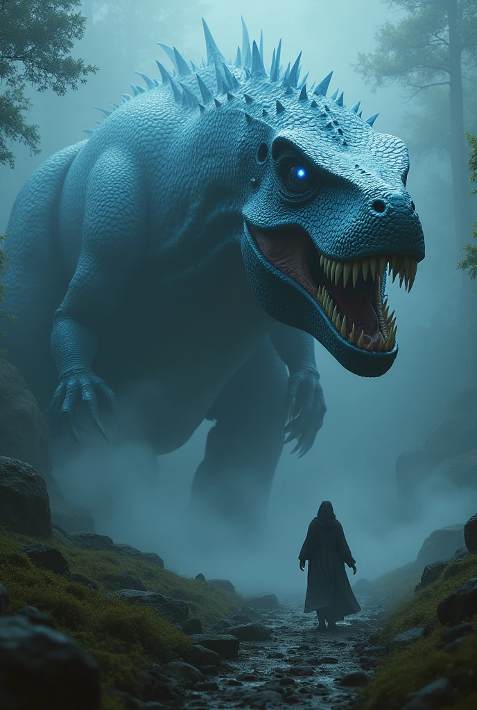 a gigantic t-rex creature, fae-like fantasy creature, dark fantasy, intricate detailed scales, sharp teeth, glowing eyes, surreal lighting, dramatic composition, cinematic atmosphere, moody color palette, dramatic lighting, epic dramatic scene, fantasy art