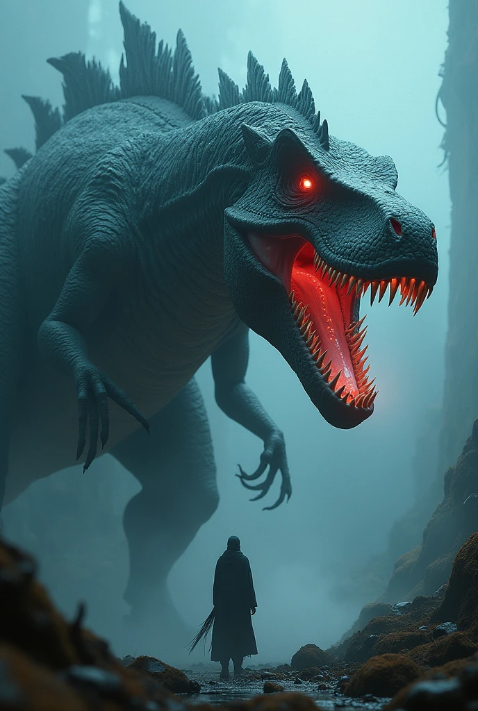 a gigantic t-rex creature, fae-like fantasy creature, dark fantasy, intricate detailed scales, sharp teeth, glowing eyes, surreal lighting, dramatic composition, cinematic atmosphere, moody color palette, dramatic lighting, epic dramatic scene, fantasy art