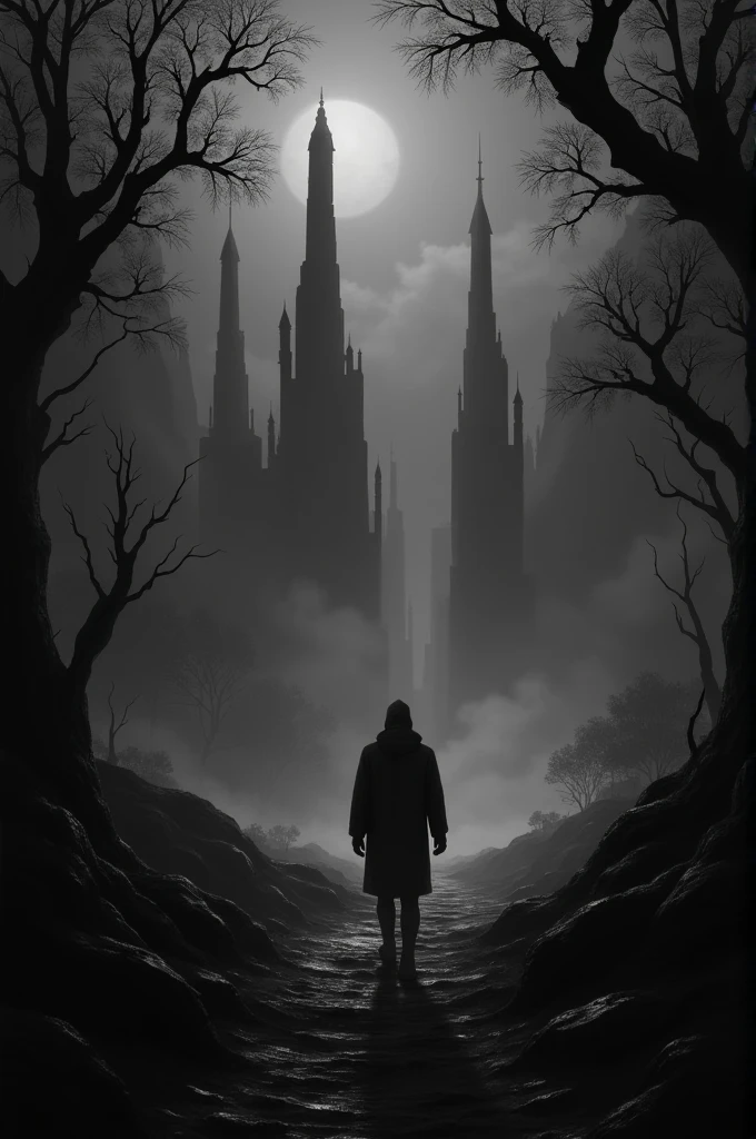 draw me, a black and white image, of a night panamo, in darkness and mist, very gloomy, where every shadow, try to hide scary things. I want a high quality image