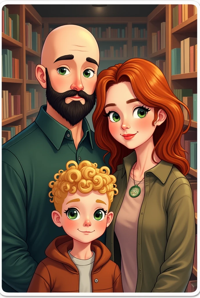 A family, A white man, Cao Cao, calvo, black beard, greeneyes, ao lado de uma mulher white de greeneyes com o cabelo castanho-acobreado, straight and without bangs parted in the middle, next to an 18 year old girl, white, greeneyes, curly and blonde hair, in a bookstore, illustration style, sticker

