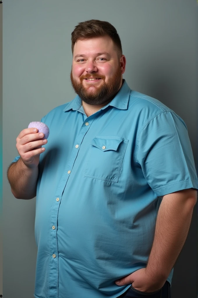 chubby guy with a blue shirt and a pastel in his left hand
