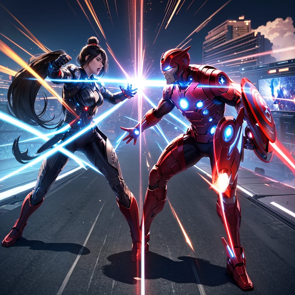 All Avengers fighting against wwe fighters in battlefield with futuristic weapons 