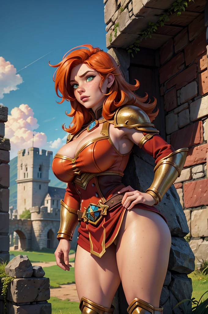 Close up of Dwarven woman, orange hair, maroon armor with gold trim, heavy armor, chubby cheeks, green eyes, freckles on cheeks, freckles on legs, freckles on top of breasts,
Castle ruins background,  large broken stones litter the area.  Show her standing with her hands on her hips. super high quality, super high detail, masterpiece, 4k, 8k, HDR, masters of the universe,  vibrant colors,  multicolor sky, colorful clouds 