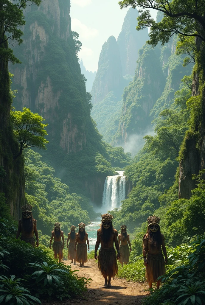 three girls, Three beautiful women, their skin color is tropical Latin, each of their hair is long, straight, black with bangs, they are naked, in different poses in the middle of the Amazon rainforest. In the background of the image we can see large tree trunks and a dense forest.
