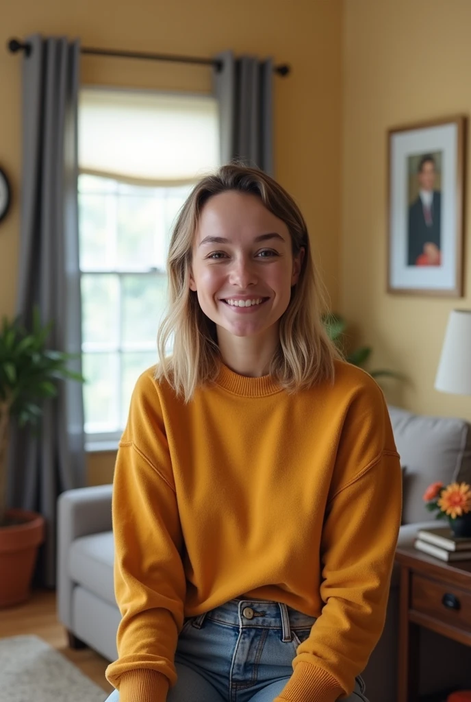 A standard US style living room background that can be used by a person on a pc webcam with portraits on the wall, gray curtain and enough lighting. Make background look very natural and realistic 