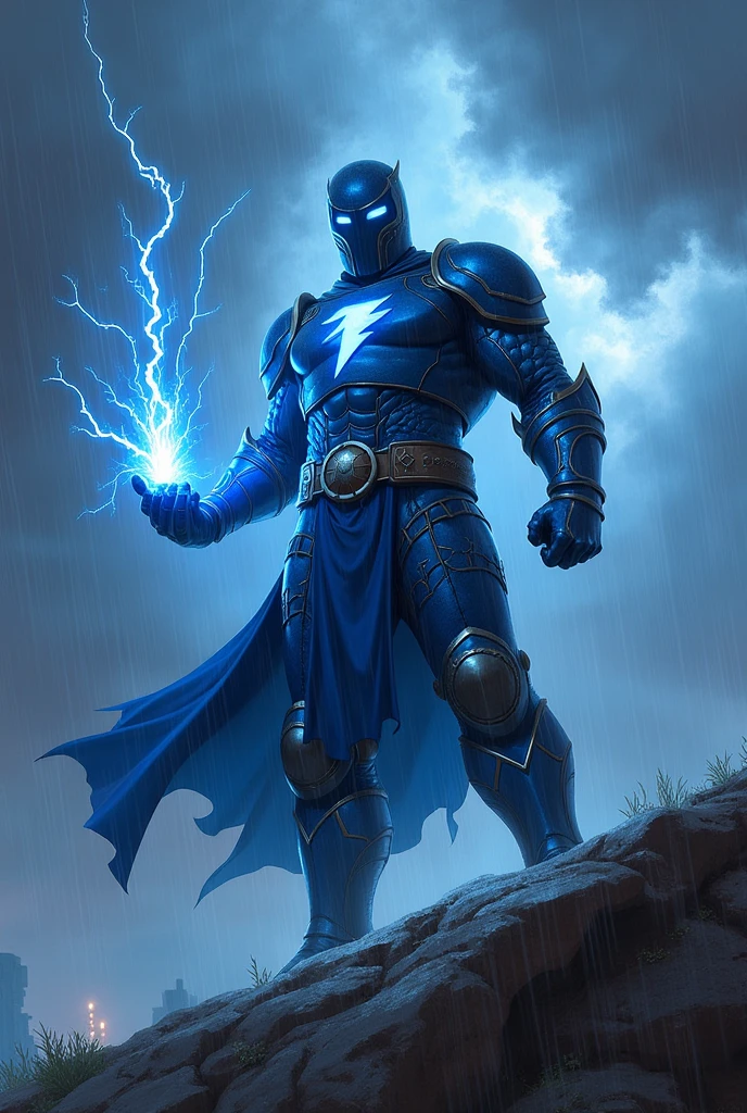 A warrior in blue armor and a blue closed helmet with a lightning bolt in his hand on the edge of a small hill with rain falling heavily from the sky 