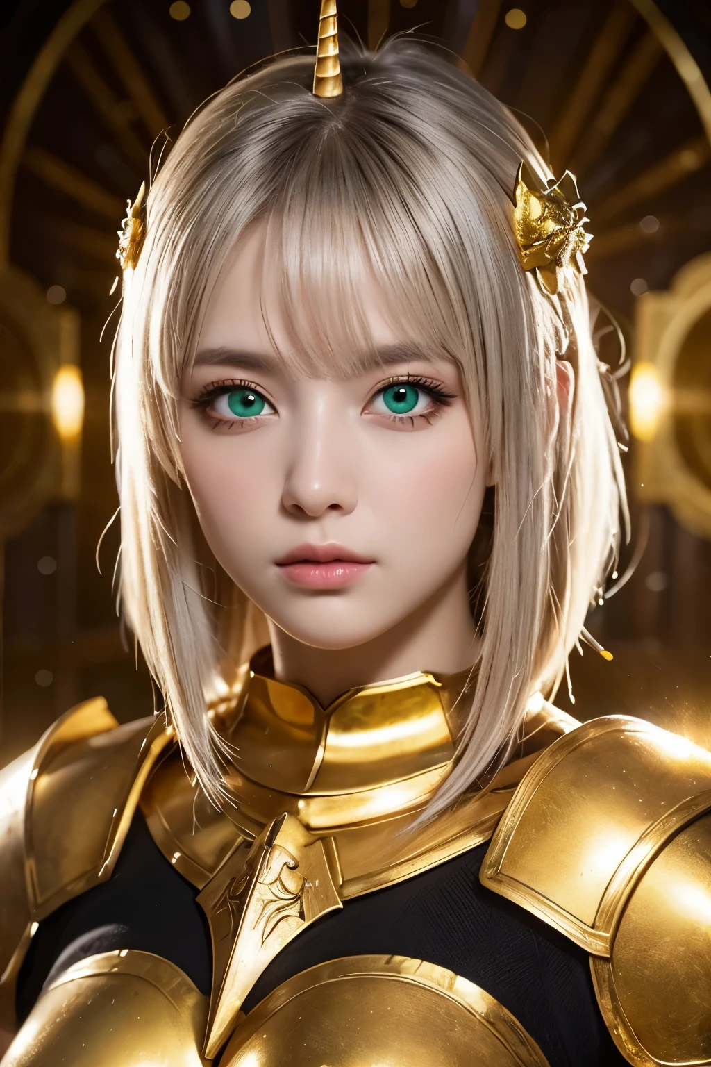 Ultra HD、Ultra-clear、Beautiful Face、Warrior in unicorn armor、Covered entirely in golden armor、Holy knight in golden armor、Golden armor with ornate carvings covering the entire body、Heavy golden armor、crystal clear green eyes、Silver Hair、Big Tits、Outer space background、