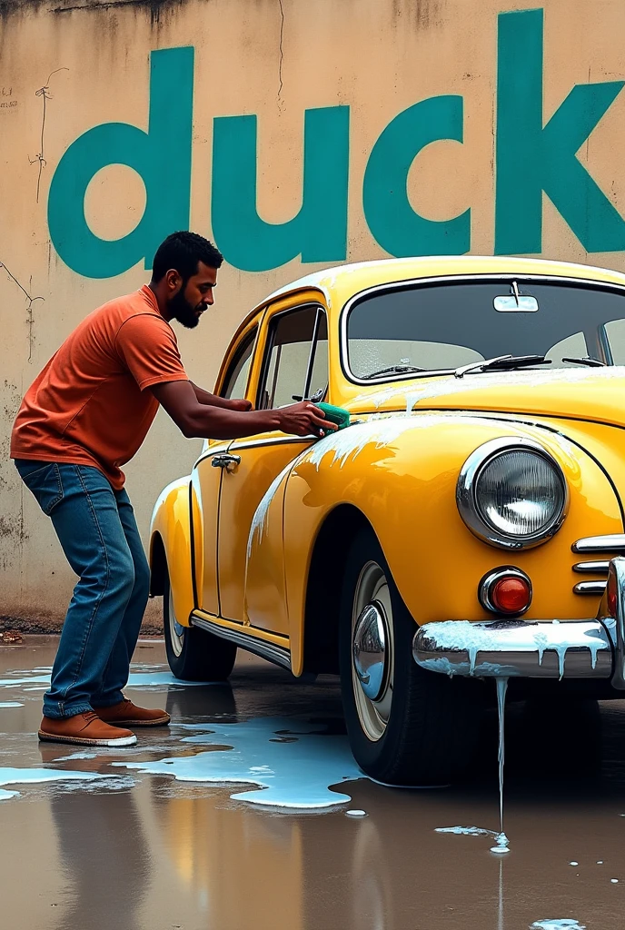 A graffiti style drawing of a man washing a Brazilian Volkswagen Santana car and on the wall it says: duck