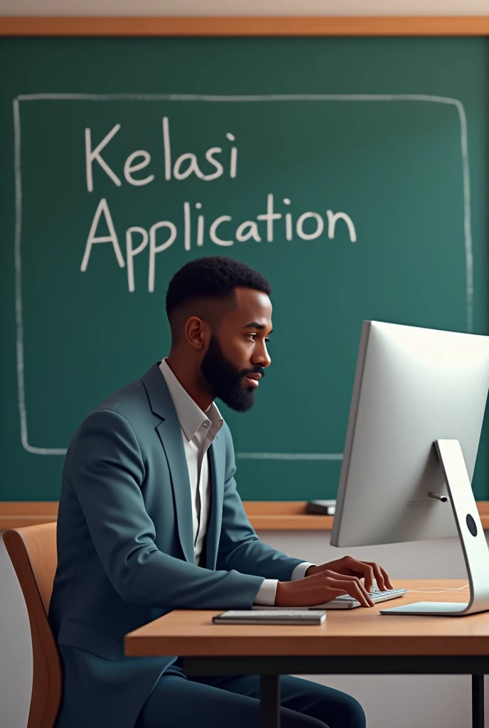 Un monsieur noir travaillant sur un ordinateur et derrière un tableau avec mention Application Kelasi. 