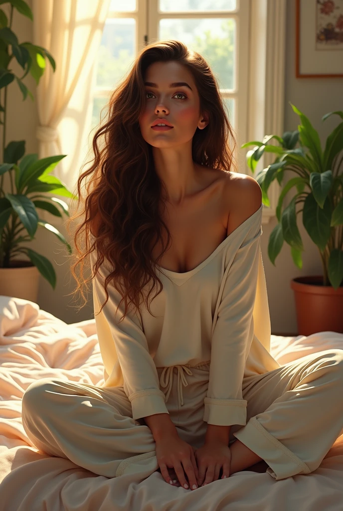 (photorealism:1.2), beautiful woman, sitting on bed, wearing loose off-shoulder top, pajama pants, long curly hair, indoors, soft lighting, plants in background, window with sunlight, cozy room, relaxed pose, realistic, intricate details, warm colors, by Greg Rutkowski, by Alphonse Mucha