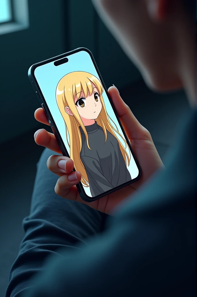  Male hand holding a mobile phone with the profile of a blonde model named Misa korsakov open and following. left side, low angle, slightly dark environment, アニメ.