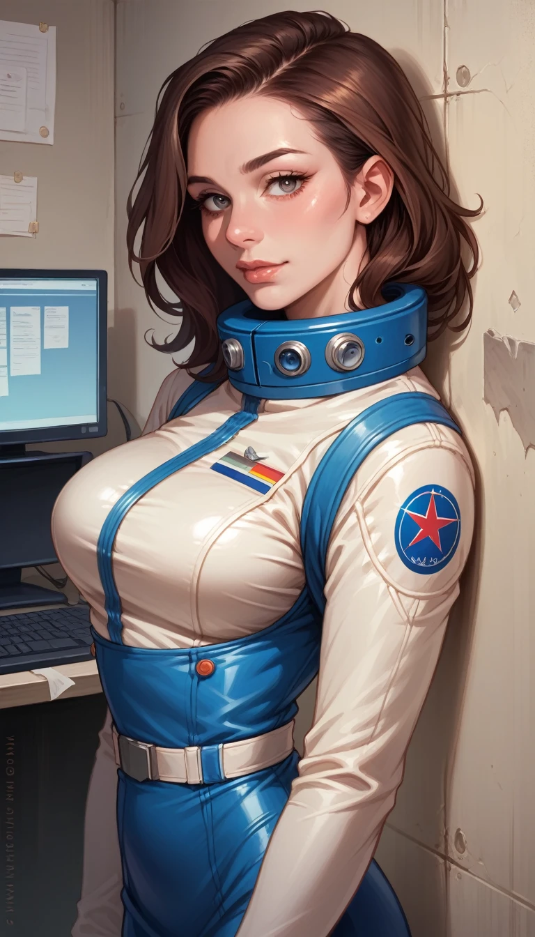 <lora:Juliette:0.3>, (best quality), big head, (1girl with gigantic breasts:1.2) in a cosmonaut outfit in a spatial station <lora:add_detail:1> <lora:LowRA:0.2>
