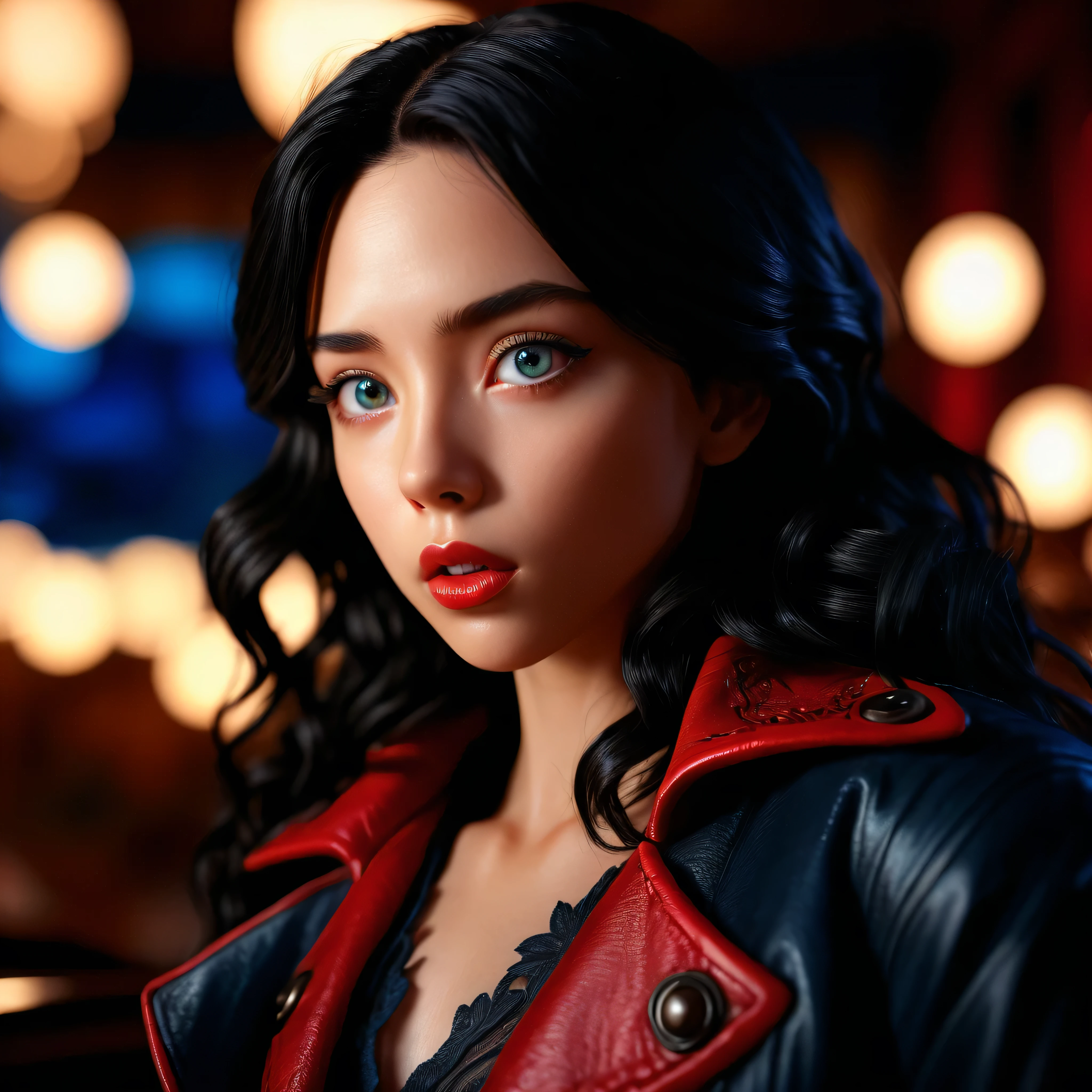 A boy with black wavy hair, beautiful detailed eyes, beautiful detailed lips, extremely detailed face, longeyelashes, 19 year old anime boy, in his howl's moving castle, studio ghibli style, intricate details, warm lighting, soft colors, cinematic composition, masterpiece, best quality, photorealistic, hyper detailed,a woman wearing a black lace dress and an open red leather jacket, long dark hair, beautiful detailed eyes, beautiful detailed lips, extremely detailed eyes and face, longeyelashes, scarlet witch from avengers, loraelizabeth, model photoshoot, RAW photography, 8k, uhd, best quality, ultra highres, masterpiece:1.2, ultra-detailed, realistic:1.37, photo-realistic, HDR, studio lighting, ultra-fine painting,ultra sharp focus, physically-based rendering, extreme detail description, professional, vivid colors,insane tmasterpiece,ultra_high-quality,ultra_high-details,ultra_high-resolution,ultra_high-definition,navy Dark-Moody background Eiffel Soft-Bokeh-Effect High-End Deep-Focus Bokeh Ray-Tracing Sophisticated Ambiance fleuraison.reflection,transparent,varies,multi,etc. --v 6 --s 1000 --c 20 --q 5 --chaos 100