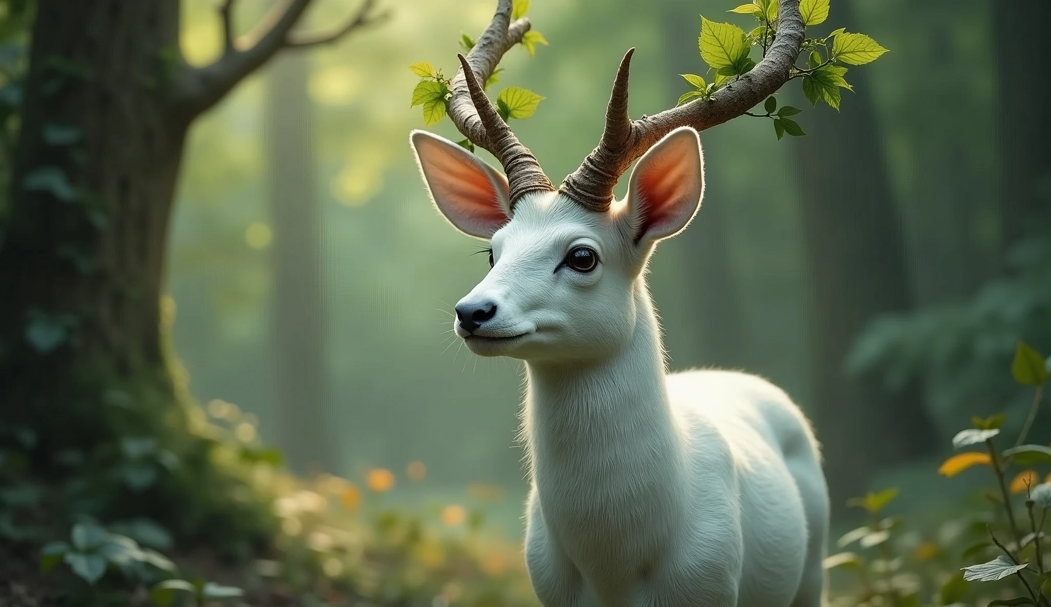 enchanting a pearl white buck with small horns and the horns are adorned with large leaves and vines in a enchanted forest background 32K UHD