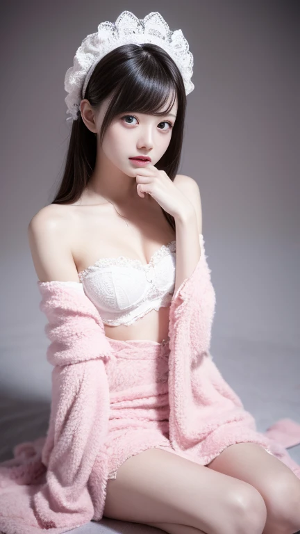 Best image quality、RAW photos、Ultra-high resolution、8K, best quality, masterpiece, Photo-real, sweet, Medium breasts, Pink ta costume, Black lace, Alice Gainsborough, sit, underwear, Expose bare shoulders, , , snow, cloak, high quality, Adobe Lightroom, High Detail Skin,
