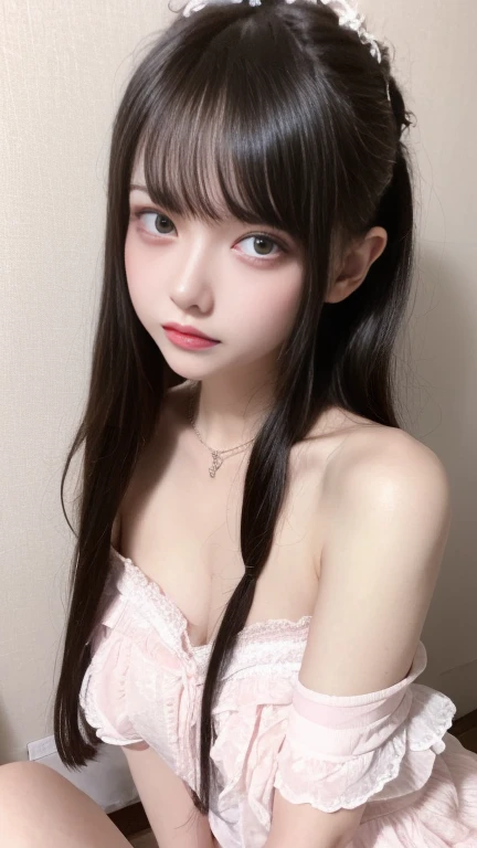 Best image quality、RAW photos、Ultra-high resolution、8K, best quality, masterpiece, Photo-real, sweet, Medium breasts, Pink ta costume, Black lace, Alice Gainsborough, sit, underwear, Expose bare shoulders, , , snow, cloak, high quality, Adobe Lightroom, High Detail Skin,