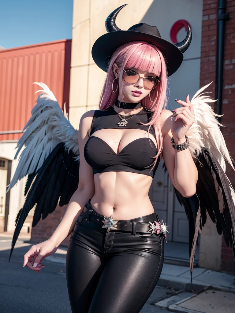 (((beautiful prostitute))),16k,big bounce natural breas,very long slanted bangs,(masterpiece, best quality, Ultra detailed, absurdres)1.5, (masterpiece, Best Quality:1.2), 1 girl, Alone, city background, Hoar \(fortnite\), Fortnite Harpy Haze, 1 girl, earrings, Glasses, has, jewelry, Lips, by the wide, looking at the viewer, make up, esmalte de nails, pink eyes, pink hair, nails rosas, smile, sunGlasses, tinted glasses, belt, black pants, crop top, shadow, diaphragm, belly button, pants, choker, nails, round glasses, sharp nails, standing, black feathers, black hats, hoop earrings, sombreros con horns, horns, Denim, winged arms, adorno de feathers, star \(symbol\), elbow gloves, dark pink Lips, feathers, heels, shoes, angel Alas, bracelet, black Alas, crop top overhang, feathered Alas, harpy, low Alas, multicolor fur, multicolored Alas, pink Alas, Alas, Gloves without fingers, high heels, shirt, long nails, boater has, bootcut pants, leather pants, sleeves, black sleeves,