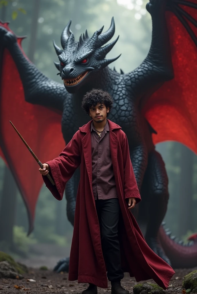 Generate image in which a young Latino with short curly hair and a very short beard wearing a Gryffindor uniform, pose with a magic wand in hand. In the background, a dark red dragon
