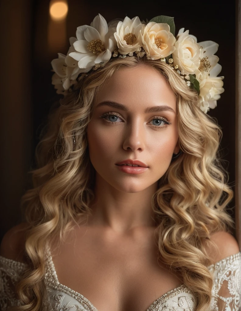 a beautiful blonde woman, intricate detailed face, high quality portrait, photorealistic, 8k, extremely detailed eyes and face, beautiful detailed lips, beautiful detailed skin, long curly blonde hair, elegant headdress, white floral crown, elegant dress, dramatic lighting, cinematic composition, warm color palette, chiaroscuro lighting, dramatic shadows