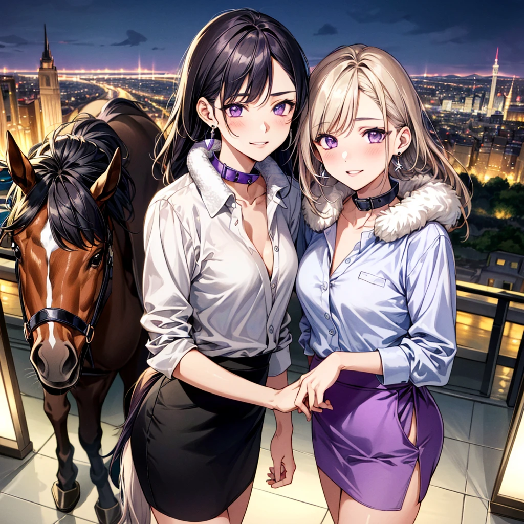 (masterpiece:1.3, of the highest quality, ultra high resolution, Very detailed), (realist, photorealist:1.4), Beautiful illustrations, perfect lighting, showy, Depth of written limit, whole body、
Beautiful detailsまでこだわった髪, beautifully detailed face, Beautiful details, beautiful clavicle, beautiful body, 美しいbig breasts, beautiful thighs, nice legs, beautiful fingers,
show spectator, beauty1人, Japanese, beauty、30 years, perfect face, (perfect anatomy, anatomically correct), Cute and symmetrical face., baby face, , shiny skin,
((collar shirt:1.4)), ((long wrap skirt:1.3))、((sneakers:1.3))、
(violet fur, Horse tail:1.4), violet eyes, droopy eyes、big breasts, the body is thin,
collar, (small earrings:1.3),
(beautiful views), (evening), (city, cityscape in the distance), They are standing, 優しいsmile、(smile, lips parted),