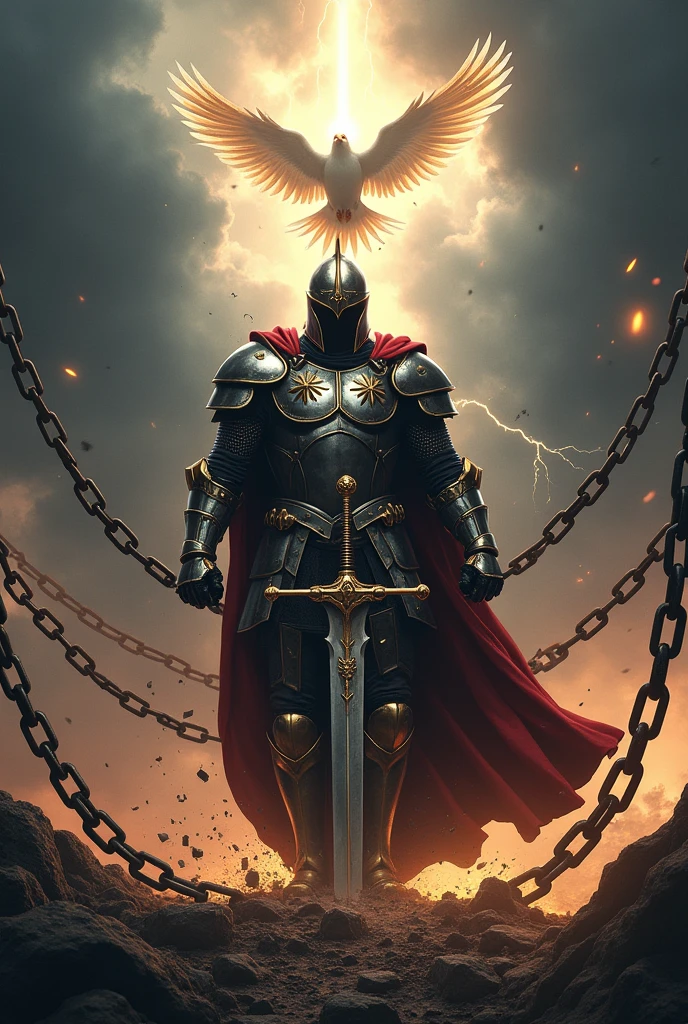 Description of the cover:
fund: The cover background should be a dramatic, dark landscape, perhaps a stormy sky with heavy clouds and lightning flashing in the distance. This setting creates an epic and intense tone..
soldier: In the center of the cover, there is an imposing soldier, dressed in shiny, detailed armor, that reminds me of "God's armor" described in Ephesians 6. Armor must be meticulously designed, with gleaming plaques and ornamental details that reflect light dramatically.
Action: The soldier is in a dynamic pose, holding a large and powerful sword that is cutting heavy chains. The chains break in many directions, with fragments flying around, symbolizing liberation and the breaking of bonds.
expression: The soldier's expression is determined and courageous, conveying a sense of courage and determination. His gaze is firm, and your posture conveys strength and confidence.
Additional Detail: Add glow and light around the broken chains and the soldier's sword and helmet to highlight the action and sense of power.. touches of light can also be added to the armor to give a more heroic effect. a bright dove symbolizing the holy spirit above