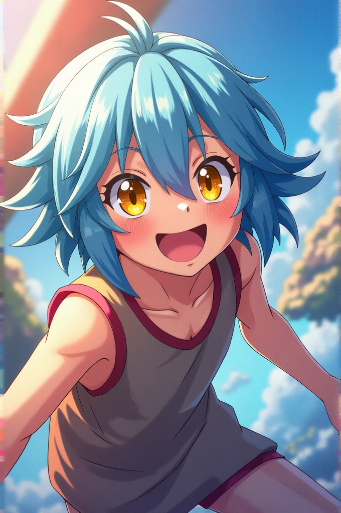 Draw a lively boy with yellow eyes, light blue hair, and shoulder-length hair that is half-up.!In anime style!