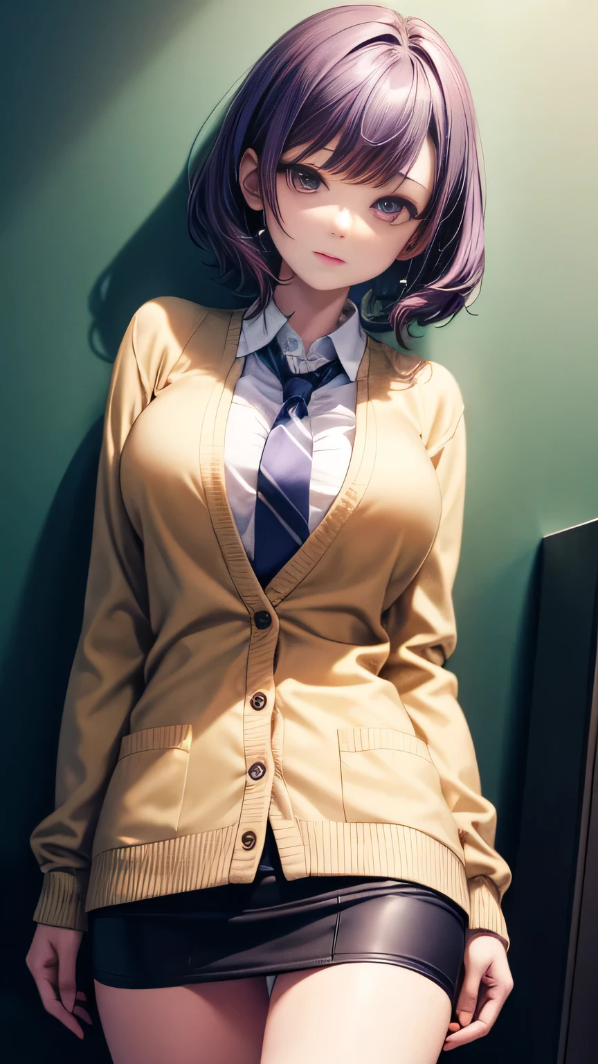 (Very detailed CG Unity 8K wallpaper),(masterpiece), (Highest quality), (Very detailed), (Best illustrations),(Best Shadow), Large Breasts,,Purple eyes and very short purple hair,,White blouse,Blue tie,Checked mini skirt(In the middle of taking off her white panties),Beige cardigan,Dynamic Angle