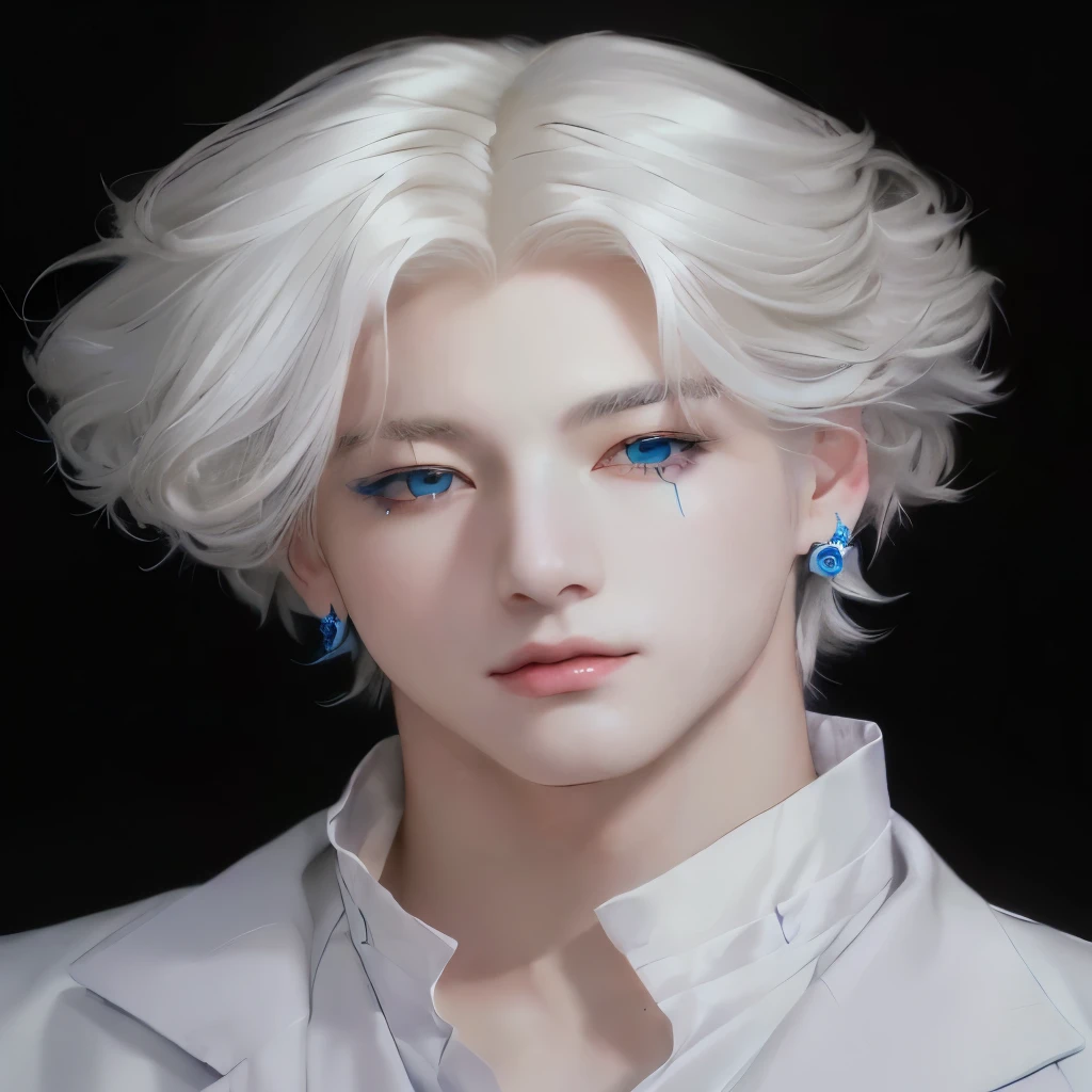 A closeup of a person with white hair and blue eyes, handsome boy in realism art, inspired by Jeon Jungkook, delicate androgynous prince, Tall anime boy with blue eyes, awesome anime face portrait, beautiful androgynous prince, BTS, Jungkook style artwork, anime portrait of a handsome man, Kook BTS