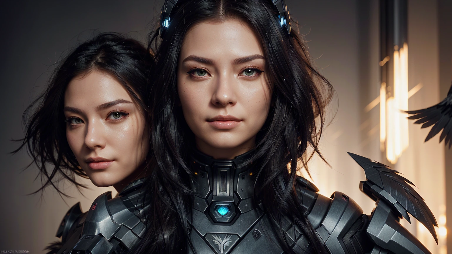 fantasy raven style hairs, steel mechanical raven head with hairs, sci-fi, a close up of a sexy woman - sci-FI with a sci fiorer on her face, Mechanical raven IN HAIRS, glowing light feathers in hairs, fiol glowing eyes, hd , cinematic, cinematic light, dinamic, rossdraws portrait, fantasy concept art portrait, wojtek fus, rossdraws 2. 0, rossdraws 1. 0, rossdraws digital painting, epic fantasy digital art style, cgsociety portrait, rossdraws global illumination, :: rossdraws, alexandra fomina artstation