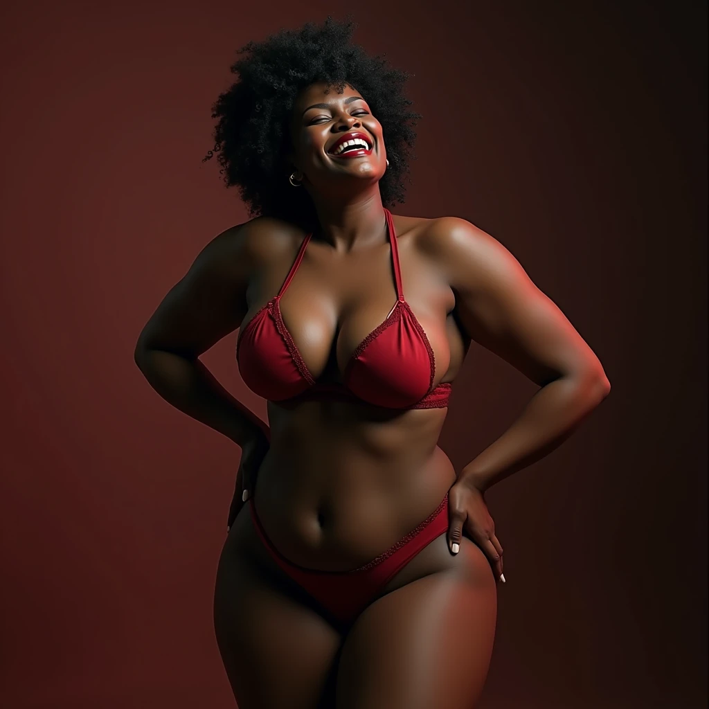 Black woman with wide hips, thick legs, and huge ass in lancery, with an orgasmic expression of pleasure on her face.