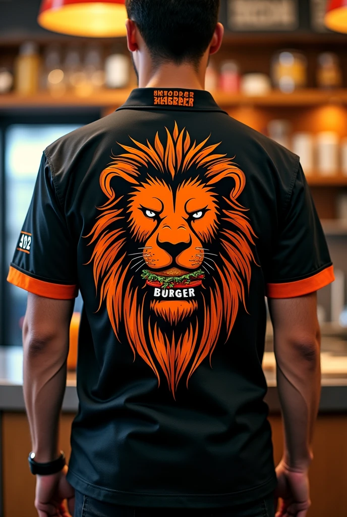 Design a uniform for my burger restaurant called 402 BURGER in black and orange, with the silhouette of a lion's head printed on the back of the shirt happily biting into a hamburger and on the front our 402 BURGER logo
