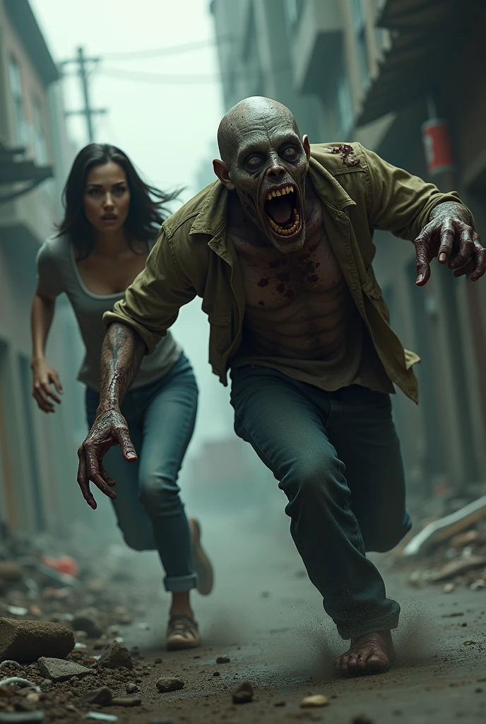 zombie running after a woman
