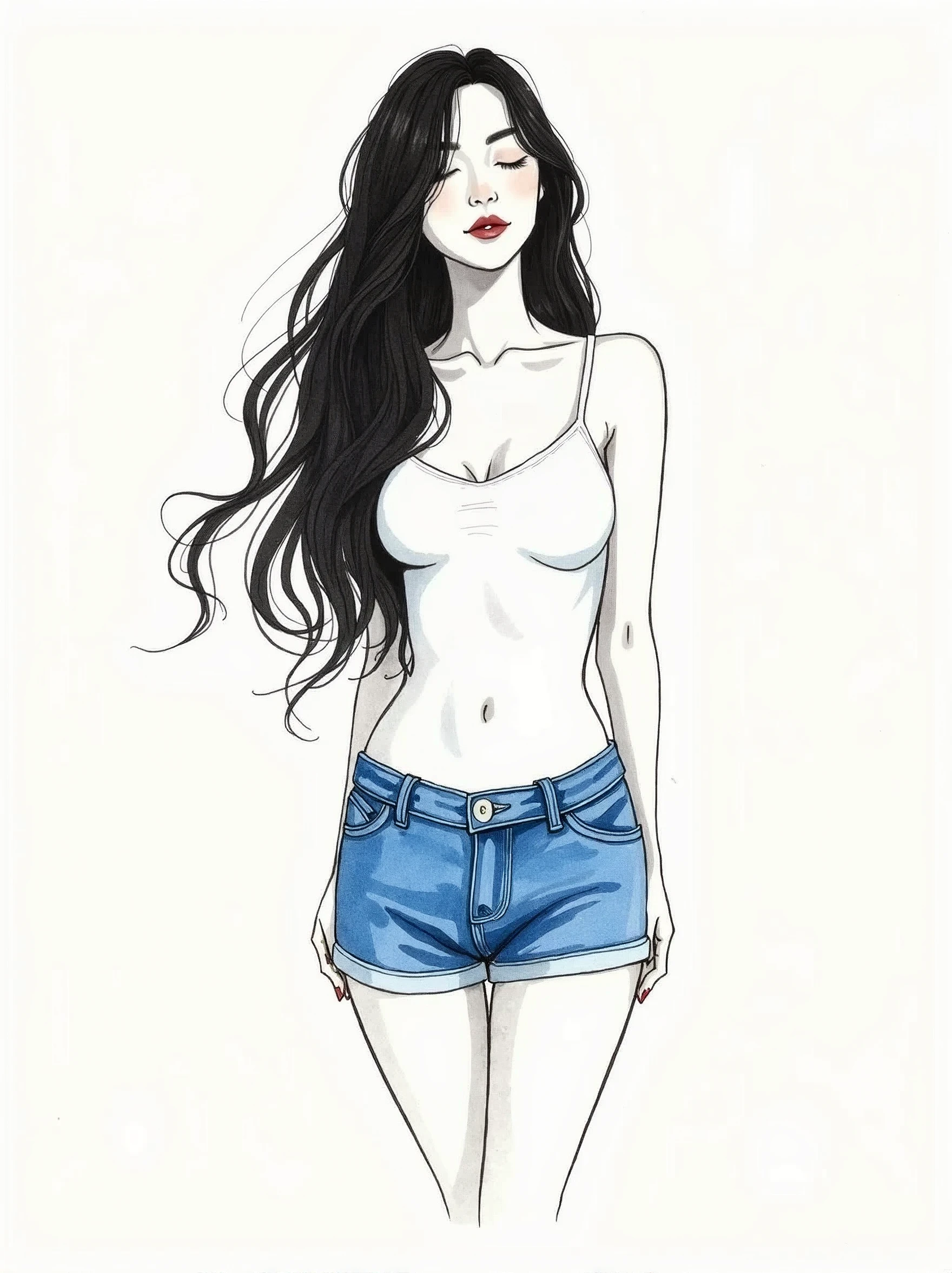 Minimalist Beauty: A Line Art and Watercolor Creation Here's a detailed description of the minimalist artwork you envisioned: Central Figure: Simple Line Art: The beautiful woman is rendered in a simple line art style. This focuses on the essential lines that define her figure and posture. Imagine flowing lines that capture the gentle curve of her back, the relaxed position of her legs, and the cascade of her hair. Watercolor Pencil Colors: Minimal splashes of watercolor pencil colors are used to add subtle depth and emotion to the artwork. Color Palette: Limited and Elegant: The color palette remains minimalist, focusing on black, white, and a single blue hue. Black Outline: The lines defining the woman's outline, hair, and facial features are rendered in black pencil. White Background: The background remains a clean white, emphasizing the simplicity and elegance of the artwork. Blue Shorts: A touch of blue watercolor pencil adds a pop of color to the woman's outfit, highlighting her blue shorts. Details and Expression: Pretty Expression: Despite her eyes being closed, the line art subtly conveys a pretty and serene expression on her face. Imagine a slight upturn of her closed lips and a relaxed curve in her brows. Long Black Hair: The woman's long black hair is depicted flowing down her back and reaching the ground. The black line art could be used to create elegant, cascading lines that capture the movement and texture of her hair. Overall Impression: This artwork would be a captivating example of minimalist beauty. The combination of simple line art and subtle watercolor pencil color conveys a sense of elegance and serenity. The woman's pose, with her eyes closed and hair flowing, evokes a feeling of peacefulness and contemplation. The minimalist approach allows the viewer to appreciate the pure form and beauty of the subject.