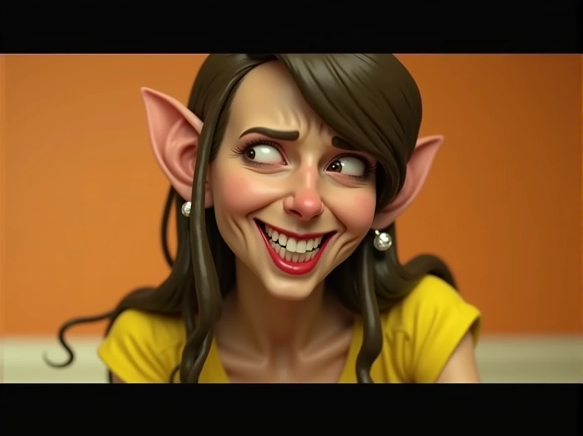 a detailed sexy evil witch with a big nose, long pointy ears, big forehead, long hair tucked behind long pointy ears, raised eyebrows, perfect teeth, wearing a yellow shirt, evil laugh, cinematic lighting, hyper realistic, 8k hd resolution, highly detailed, photorealistic, masterpiece, very detailed ears, confused laugh