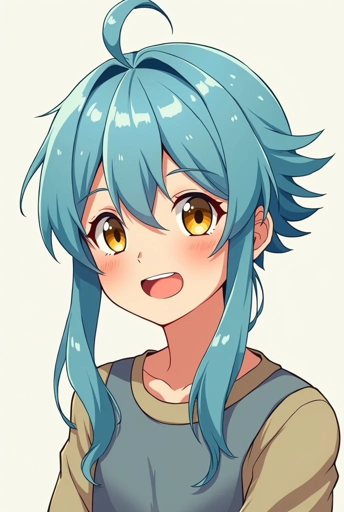 Draw a lively boy with yellow eyes, light blue hair, and shoulder-length hair that is half-up.!In anime style!Just a little more mature!