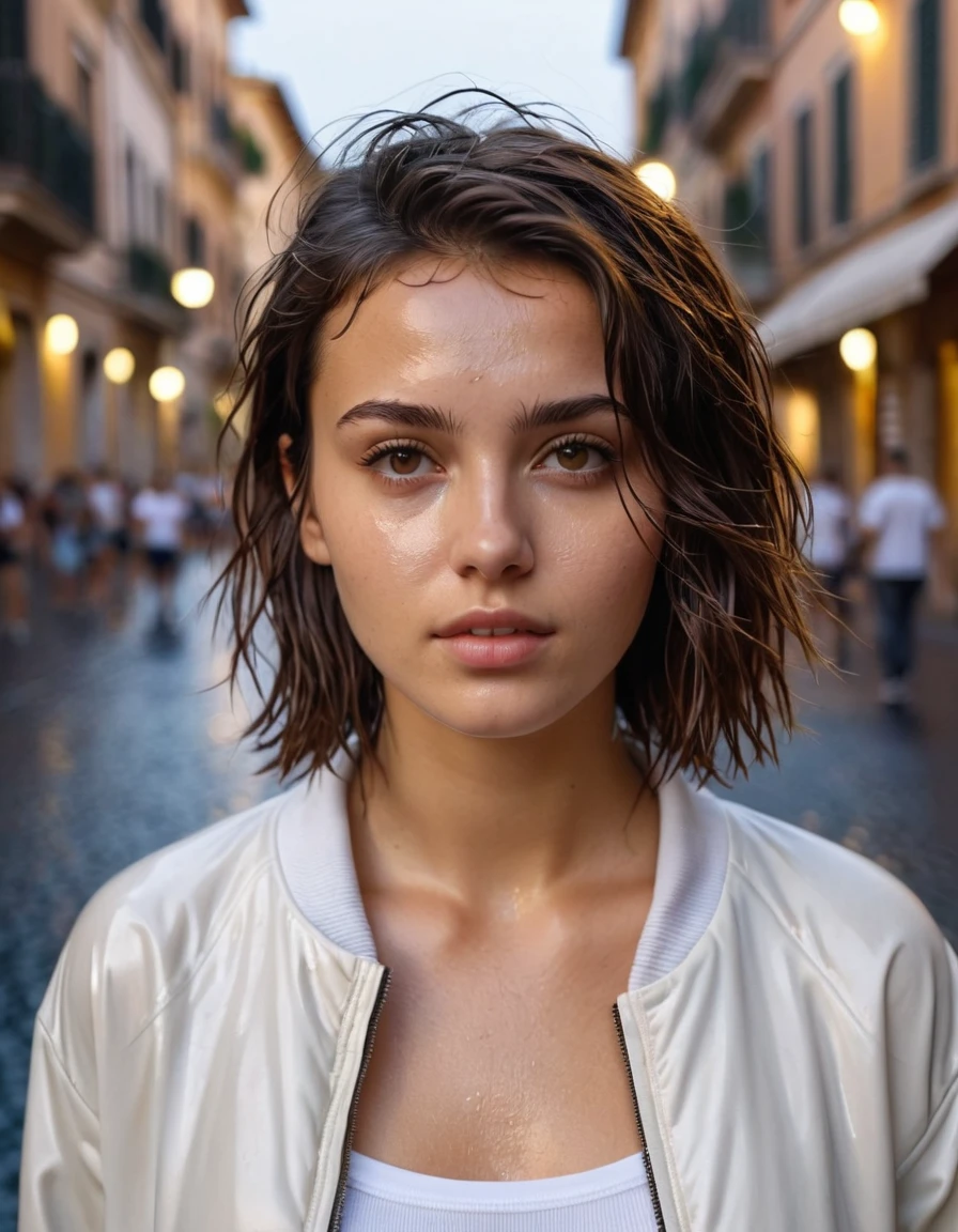 An ultra-detailed photo of a 22-year-old brunette girl, with wet mid-short loose hair, brown eyes, natural beauty, calm expression, warm skin tone, strong body, wearing a white tight t-shirt, with a jacket, in a large street in rome, no jewelry, no makeup, dramatic illumination, 4k.
