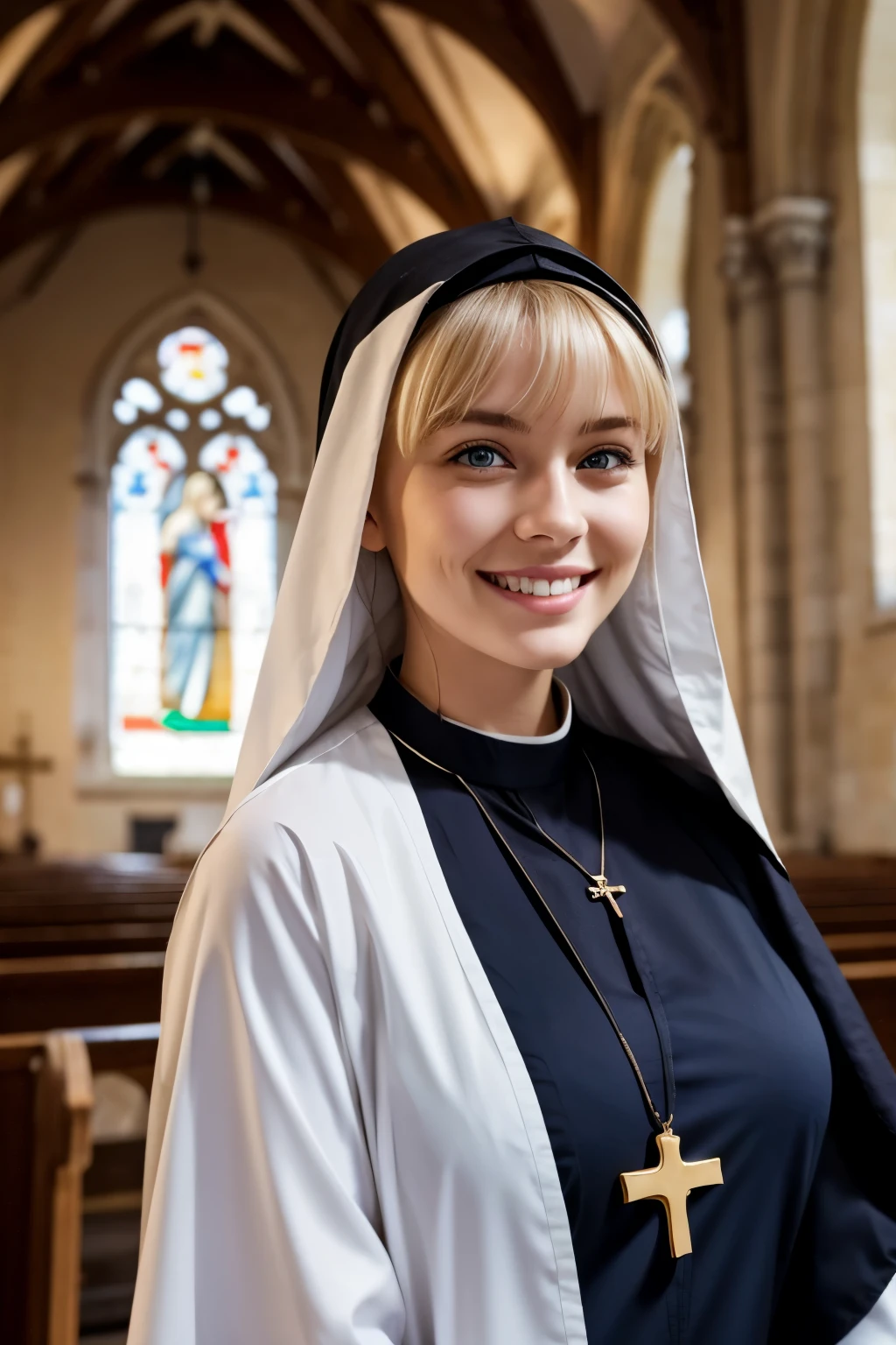 A cute French、Blonde Hair、With bangs、Blue Eyes、Smiling with teeth showing、Cross necklace、Slim body、Monastic uniform、Nuns、Standing in the church