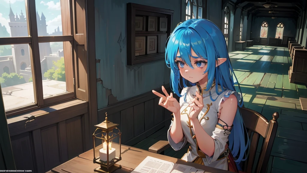 Create an anime and light novel style image of a grand, dilapidated castle room with a worn wooden table in the center. Seated at the table are Aslan, a young male elf with white hair partially covering her eyes and a {slender physique}, and Elizabeth, a tall and {strong half-elf girl} with vibrant blue hair. They are sharing a simple, improvised cake, adding a touch of warmth to the scene. The room, though in ruins, exudes a serene and melancholic atmosphere. Broken windows allow a gentle breeze to flow through, with soft light filtering in, casting a subtle glow that creates a fleeting moment of peace and hope amidst the ruins. Both characters should be dressed in fantasy era attire that complements their features and adds to the overall magical ambiance., 