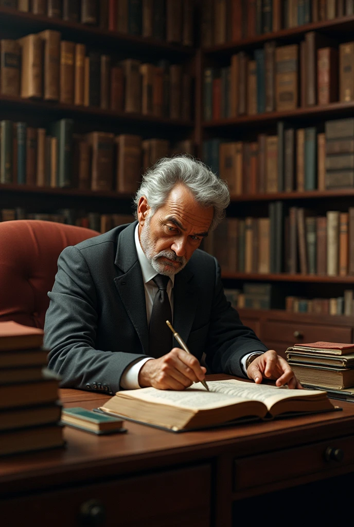 Recreate Manuel García Morente sitting at his desk surrounded by books working philosophically 
