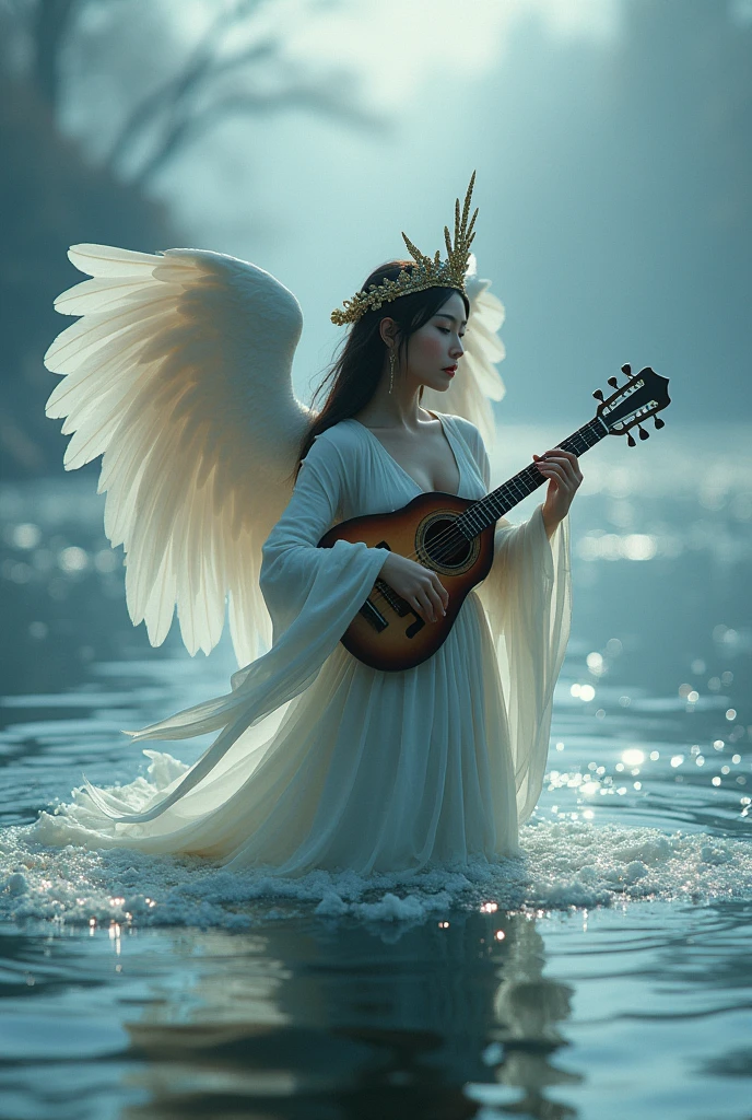 A goddess named Kinnara, half woman and half bird, emerging from the waters of an almost frozen river playing his stringed instrument, similar to a mandolin. The scene is almost frozen, and she is in the foreground. Her dress shows off her legs, and part is still in the water. Emphasizing the bird characteristics it has. like a crown with swan wings and an aura shaped like wings. Your wings are closed, but it is practically floating under water. In a very dramatic oriental aesthetic.