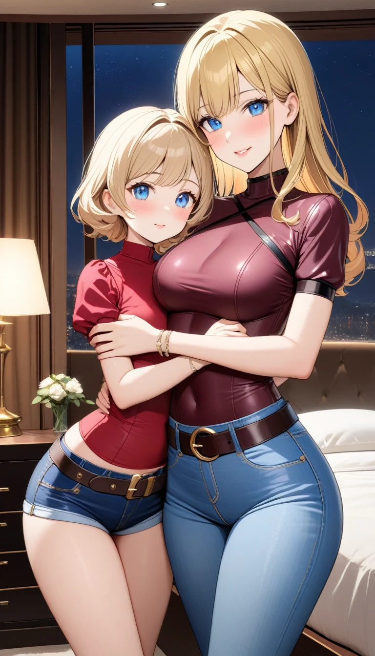 Two beautiful ladies ((lady 1: 35y old mom, with short straight blonde hair, lady 1 with blue eyes and caucasian skin, lady 1 wearing Tight Jeans and Leather Belt, lady 1 Sexy Criss Cross Mock Neck Short Sleeves Burgundy Blouse)), ((lady 2: 13y old daughter, with short straight blonde hair, lady 2 with blue eyes and caucasian skin, lady 2 wearing Tight Jean Shorts and Leather Belt, lady 2 Sexy Criss Cross Mock Neck Short Sleeves Crimson Blouse)), luxurious jewelry, 18k gold wedding ring on left hand, standing in their bedroom at night, hugging and kissing each other, (light brown lipstick), (elegant mascara), (slim body), (small breasts), (wide hips), endjourney, <lora:GoodHands-, <lora:GoodLegs-, UHD, high resolution, (expressive eyes, perfect face, full body, expressive face, perfect body, perfect pussy, athletic, fit, slim body, blushing, Perfect makeup, eyeliner, beautiful eyelashes, smiling, horny face), ((best illumination, best shadows)), ((sexy pose)), ((Front pov:1.1))