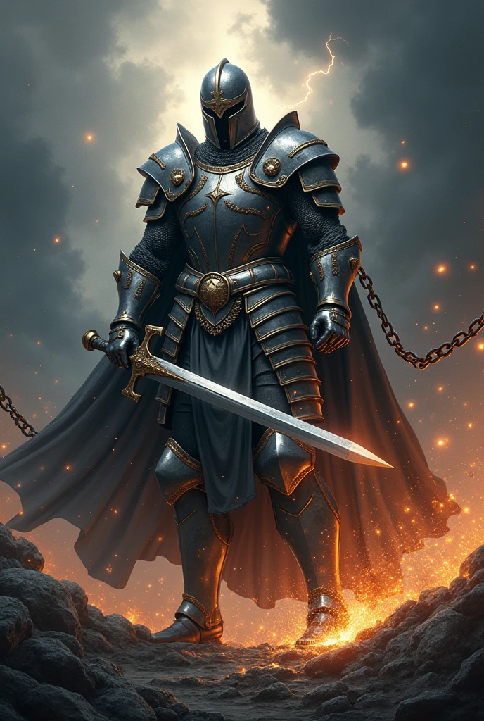 Description of the cover:
fund: The cover background should be a dramatic, dark landscape, perhaps a stormy sky with heavy clouds and lightning flashing in the distance. This setting creates an epic and intense tone..
soldier: In the center of the cover, there is an imposing soldier, dressed in shiny, detailed armor, that reminds me of "God's armor" described in Ephesians 6. Armor must be meticulously designed, with gleaming plaques and ornamental details that reflect light dramatically.
Action: The soldier is in a dynamic pose, holding a large and powerful sword that is cutting heavy chains. The chains break in many directions, with fragments flying around, symbolizing liberation and the breaking of bonds. many broken chains around the soldier Expression: The soldier's expression is determined and courageous, conveying a sense of courage and determination. His gaze is firm, and your posture conveys strength and confidence.
Additional Detail: Add glow and light around the broken chains and the soldier's sword and helmet to highlight the action and sense of power.. touches of light can also be added to the armor to give a more heroic effect.