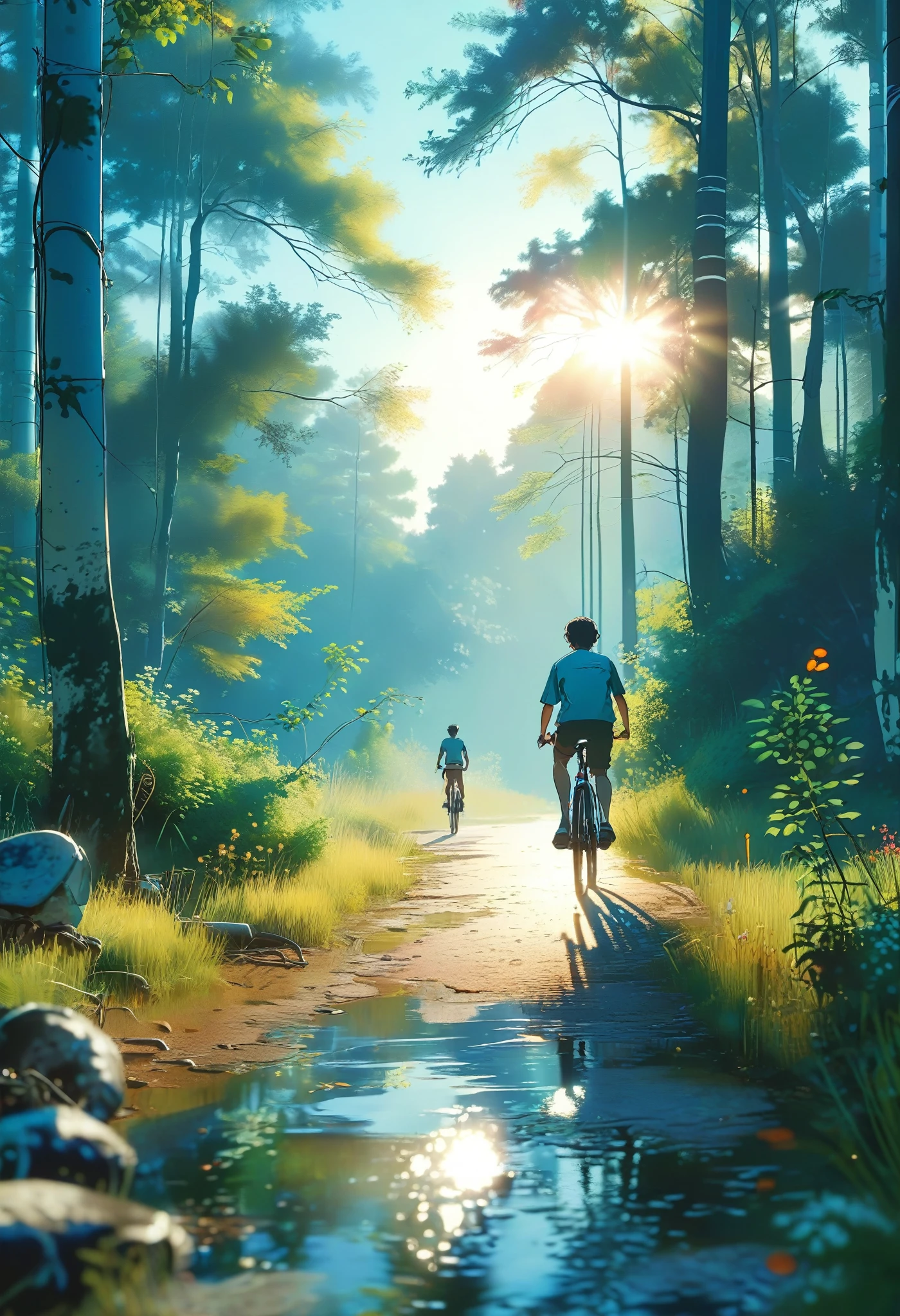 (bike: 1.5), (realistic bike: 1.5), (realistic cyclist: 1.5), cyclist back in foreground, lofi landscape, nature, sun, forest, clearing, undergrowth, landscape background, shadows, contrast, makoto shinkai (Best quality:1.3), (Highres:1) Art by Studio Ghibli Style, Vibrant Colors, Impressionism