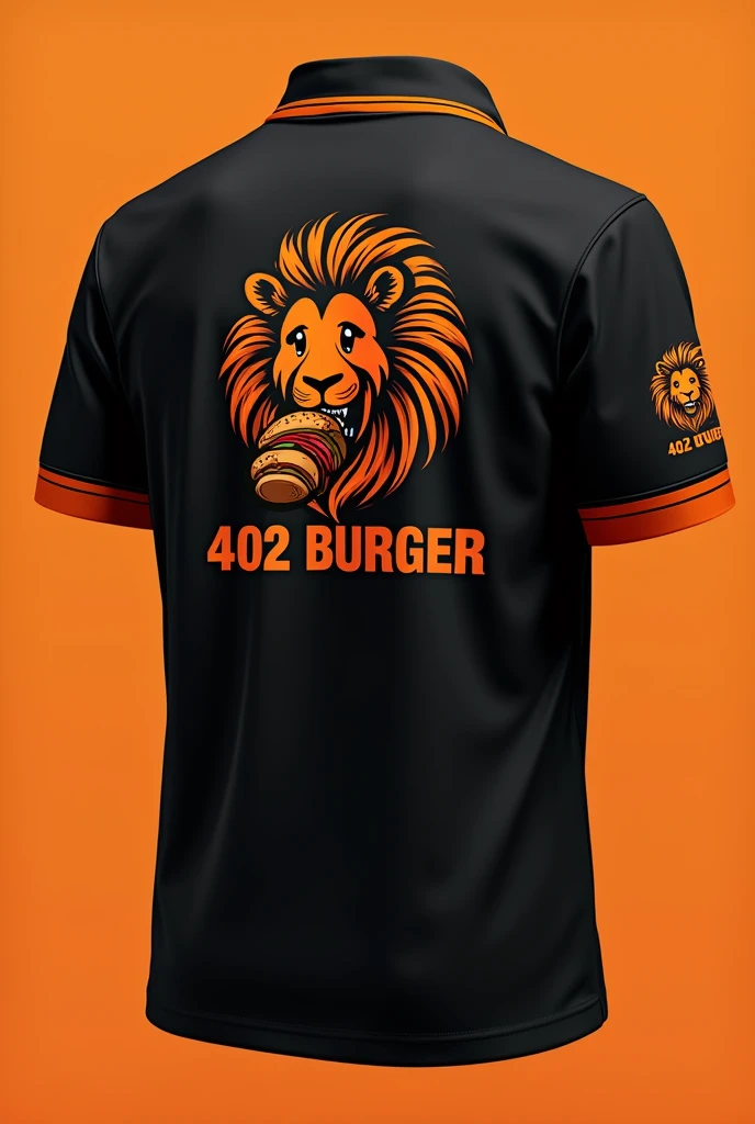
Design a uniform for my burger restaurant called 402 BURGER in black and orange, with the silhouette of a happy lion&#39;s head printed on the back of the shirt happily biting into a hamburger and on the front our 402 BURGER logo