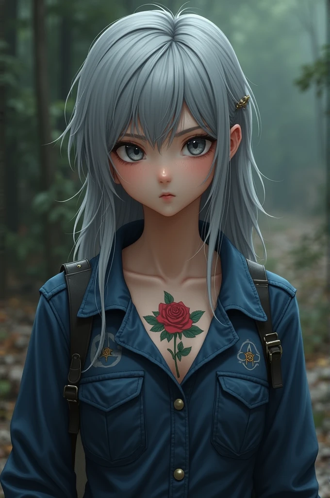 Navy blue survivor outfit、Grey Hair、navy blue cap、Rose tattoo on chest、Grey Eyes、high school girl